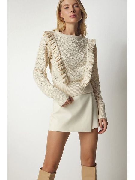 Happiness Istanbul Sweter w kolorze kremowym rozmiar: S/M. Brązowe swetry Happiness Istanbul, m, bez wzorów, ze splotem, bez ramiączek. Za 96.14 zł.