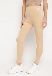 Beżowe Legginsy z Wysokim Stanem i Gumką w Pasie Bloelia. Brązowe legginsy Born2be, l, bez wzorów, z jeansu, z podwyższonym stanem. Za 29.99 zł.