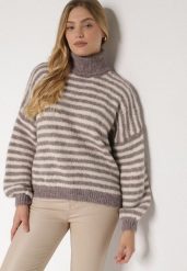 Szaro-Beżowy Golf z Domieszką Wełny w Paski Monallia. Szare golfy Born2be, m, bez wzorów, z jeansu, bez ramiączek. Za 159.99 zł.