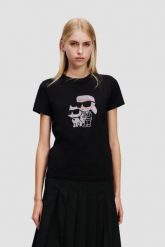 KARL LAGERFELD Сzarny damski t-shirt z cyrkoniami Ikon Duo, Rozmiar S. Czarne t-shirty KARL LAGERFELD, s, bez wzorów, bez kołnierzyka, bez ramiączek. W wyprzedaży za 229.99 zł.