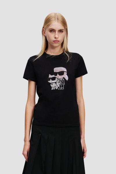 KARL LAGERFELD Сzarny damski t-shirt z cyrkoniami Ikon Duo, Rozmiar S. Czarne t-shirty KARL LAGERFELD, s, bez wzorów, bez kołnierzyka, bez ramiączek. W wyprzedaży za 238.99 zł.