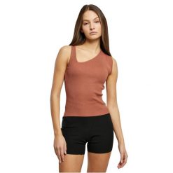 Damski asymetryczny dzianinowy tank top Urban Classics Rib. Brązowe topy Urban Classics, bez wzorów, z dzianiny, z asymetrycznym kołnierzem, bez ramiączek. Za 175.50 zł.