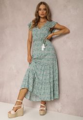 Biało-Zielona Sukienka z Paskiem Eunele. Zielone sukienki Renee, l, bez wzorów, z tkaniny, bez kołnierzyka, bez ramiączek, maxi, rozkloszowane. Za 49.99 zł.