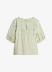 Bluzka tunikowa z haftem, lekko prześwitująca. Zielone bluzki bonprix, bez wzorów, eleganckie, bez kołnierzyka, bez ramiączek. Za 54.99 zł.