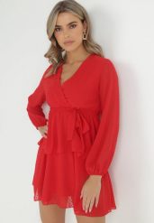 Czerwona Sukienka Sharpblaze. Czerwone sukienki Born2be, m, bez wzorów, z materiału, bez kołnierzyka, bez ramiączek, mini, kopertowe. Za 119.99 zł.
