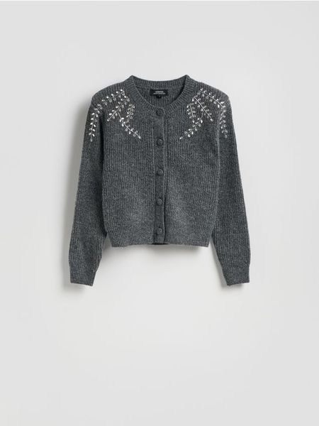 Kardigan z aplikacjami - ciemnoszary. Szare kardigany Reserved, l, z aplikacjami, z dzianiny. W wyprzedaży za 159.99 zł.