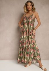 Zielono-Różowa Sukienka w Stylu Boho z Cienkimi Regulowanymi Ramiączkami Tosena. Zielone sukienki Renee, na co dzień, na lato, l, bez wzorów, boho, bez kołnierzyka, bez ramiączek, maxi. Za 49.99 zł.