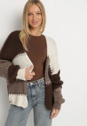 Beżowy Kardigan z Wełną i Wiskozą w Patchworkowe Łaty Fesunesa. Brązowe kardigany Born2be, bez wzorów, z jeansu. Za 149.99 zł.