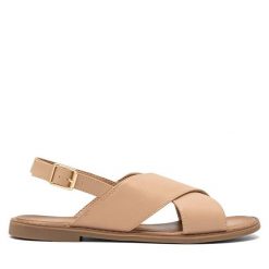 Sandały JENNY. Brązowe sandały Jenny, bez wzorów, bez obcasa, na słupku, bez zapięcia. Za 99.99 zł.