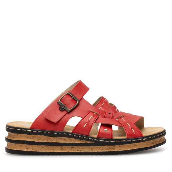 Klapki Rieker. Czerwone klapki Rieker, bez wzorów, bez obcasa. Za 279.99 zł.