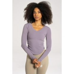 Koszulka fitness damska Gym Glamour wycięta z długimi rękawami. Niebieskie bluzki GYM GLAMOUR, xs, bez wzorów, glamour, bez kołnierzyka, bez ramiączek. Za 149.99 zł.