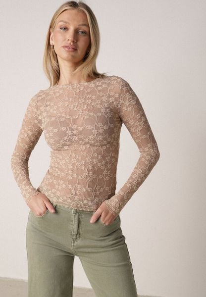 Beżowa Bluzka Koronkowa z Transparentnego Materiału Hermatea. Brązowe bluzki Born2be, m, bez wzorów, z jeansu, eleganckie, bez kołnierzyka, bez ramiączek. Za 79.99 zł.