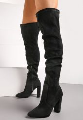 Czarne Dopasowane Kozaki za Kolano na Słupku Bellami. Czarne kozaki Renee, za kolano, bez obcasa, na obcasie, bez zapięcia. Za 159.99 zł.