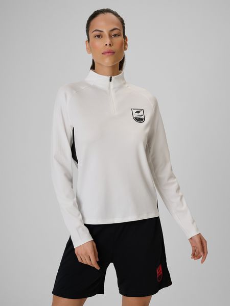 4F Bluza piłkarska regular szybkoschnąca damska - biała L. Białe bluzy 4f, l, bez wzorów, bez kaptura. W wyprzedaży za 119.99 zł.