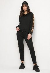 Czarny Komplet Dresowy Bluza i Spodnie ze Zdobieniami w Panterkę Solhiris. Czarne bluzy Born2be, m, z aplikacjami, z bawełny, z kapturem. Za 84.99 zł.