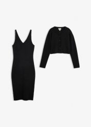 Zestaw z dzianiny: sukienka i sweter (2 części). Czerwone sukienki bonprix, bez wzorów, z dzianiny, bez kołnierzyka, bez ramiączek. Za 189.99 zł.