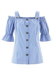 Bluzka w ludowym stylu, krótki rękaw. Niebieskie bluzki bonprix, bez wzorów, z koronki, bez kołnierzyka, bez ramiączek. Za 142.99 zł.