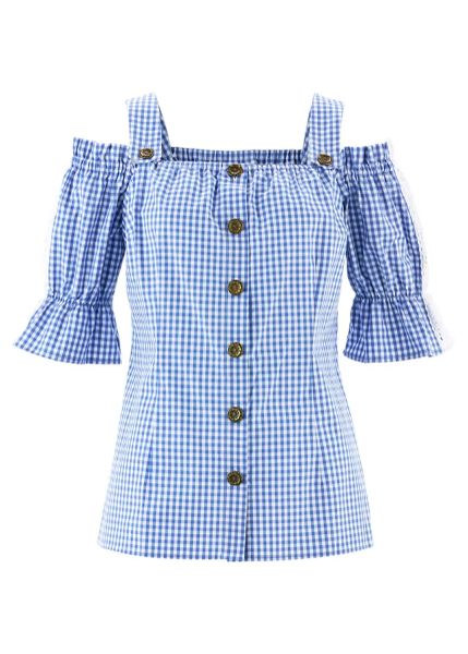 Bluzka w ludowym stylu, krótki rękaw. Niebieskie bluzki bonprix, bez wzorów, z koronki, bez kołnierzyka, bez ramiączek. Za 142.99 zł.