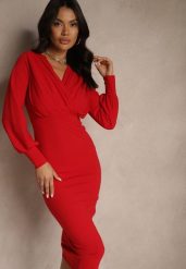Czerwona Koktajlowa Kopertowa Sukienka z Bufiastymi Rękawami Edellira. Czerwone sukienki Renee, na imprezę, l, bez wzorów, eleganckie, bez kołnierzyka, bez ramiączek, midi, kopertowe. Za 119.99 zł.