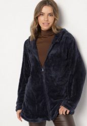 Niebieska Futerkowa Bluza z Kapturem i Suwakiem Sinatila. Niebieskie bluzy Born2be, uniwersalny, bez wzorów, z zamszu, z kapturem. Za 69.99 zł.