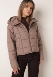 Ciemnobeżowa Pikowana Kurtka na Sezon Przejściowy Puffer z Kapturem i Kołnierzem Alaile. Brązowe kurtki Born2be, l, bez wzorów, z dzianiny, z kapturem. Za 179.99 zł.