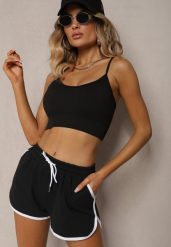 Czarne Szorty Dresowe z Dodatkiem Bawełny High Waist Wykończone Lamówką Mivorina. Czarne szorty Renee, bez wzorów, z bawełny, eleganckie, z podwyższonym stanem. Za 24.99 zł.