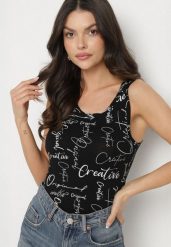 Czarny Top z Bawełny z Napisami Savanette. Czarne topy Born2be, l, bez wzorów, z bawełny, bez kołnierzyka, bez ramiączek. Za 29.99 zł.