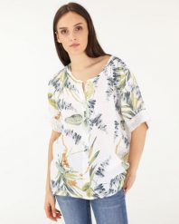Lniana bluzka w liście. Bluzki Unisono, s, bez wzorów, z tkaniny, bez kołnierzyka, bez ramiączek. Za 189.00 zł.