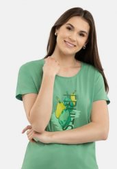 T-shirt z nadrukiem T-PEAR. Zielone t-shirty Volcano, xs, bez wzorów, bez kołnierzyka, bez ramiączek. Za 54.99 zł.