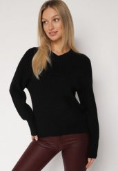 Czarny Sweter z Domieszką Kaszmiru z Dekoltem w Serek Feralaine. Czarne swetry Born2be, bez wzorów, z jeansu, bez ramiączek. Za 99.99 zł.