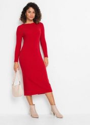 Sukienka dzianinowa z mieszanki wiskozy. Czerwone sukienki bonprix, bez wzorów, z dzianiny, bez kołnierzyka, bez ramiączek, dopasowane. Za 122.99 zł.