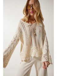 Happiness Istanbul Sweter w kolorze kremowym rozmiar: onesize. Brązowe swetry Happiness Istanbul, bez wzorów, bez ramiączek. Za 79.21 zł.