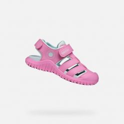 Sandały GEOX J S FUSBETTO PRO Rose. Czerwone sandały Geox, bez wzorów, z syntetyku, bez obcasa, bez zapięcia. Za 216.99 zł.