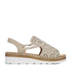 Sandały Rieker. Brązowe sandały Rieker, bez wzorów, bez obcasa, na koturnie, bez zapięcia. Za 329.99 zł.