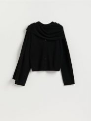 Kardigan z szalem z wełną - czarny. Czarne kardigany Reserved, l, bez wzorów, z dzianiny. Za 199.99 zł.