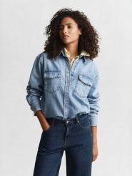 Gant Damska koszula dżinsowa Kobiety Bawełna niebieski jednolity, 38. Niebieskie koszule GANT, bez wzorów, z bawełny, bez kołnierzyka, bez ramiączek. Za 749.95 zł.