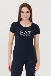 EA7 Granatowy damski t-shirt, Rozmiar L. Niebieskie t-shirty EA7 Emporio Armani, l, bez wzorów, bez kołnierzyka, bez ramiączek. W wyprzedaży za 209.99 zł.