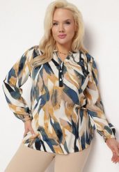 Beżowo-Żółta Bluzka w Abstrakcyjny Wzór z Podpinanymi Rękawami Xaliana. Brązowe bluzki Born2be, plus size, bez wzorów, bez kołnierzyka, plus size, bez ramiączek. W wyprzedaży za 67.99 zł.