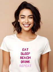 WOOOP Koszulka "Eat sleep beach drink repeat" w kolorze biało-jasnoróżowym rozmiar: L. Białe bluzki Wooop, l, bez wzorów, z bawełny, bez kołnierzyka, bez ramiączek. Za 60.44 zł.