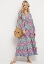 Różowa Sukienka Rozkloszowana z Falbanką w Print Paisley Kapiss. Czerwone sukienki Born2be, l, bez wzorów, eleganckie, bez kołnierzyka, bez ramiączek, maxi, rozkloszowane. Za 29.99 zł.