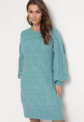 Ciemnozielony Oversizowy Sweter o Długim Kroju z Ozdobnym Splotem Sapodis. Zielone swetry Born2be, bez wzorów, ze splotem, bez ramiączek. Za 149.99 zł.