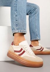 Beżowo-Bordowe Sneakersy Typu Kultowe Tenisówki na Niskiej Platformie Olritia. Brązowe obuwie sportowe Renee, z jeansu, bez zapięcia, tenisowe. Za 79.99 zł.