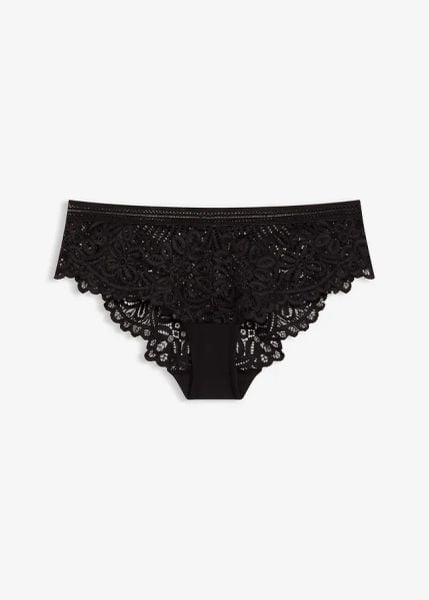 Figi hipster z wysokogatunkowej koronki. Czarne figi bonprix, bez wzorów, z koronki. Za 37.99 zł.