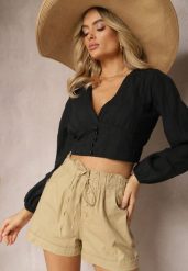 Beżowe Szorty z Guzikami i Gumką w Pasie Ściągane Troczkiem Amalilena. Brązowe szorty Renee, bez wzorów, z szyfonu, eleganckie. Za 34.99 zł.