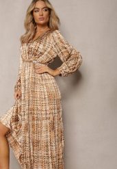 Beżowo-Brązowa Plisowana Sukienka Maxi Ozdobiona Wzorem w Tweedowym Stylu Juvioa. Brązowe sukienki Renee, l, bez wzorów, z materiału, bez kołnierzyka, bez ramiączek, maxi. Za 139.99 zł.