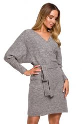 Swetrowa Mini Sukienka z Kopertowym Dekoltem - Szara. Szare sukienki MOE, l, bez wzorów, z dzianiny, bez kołnierzyka, bez ramiączek, mini, kopertowe. Za 318.90 zł.
