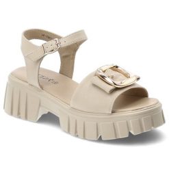 Sandały damskie Vinceza, cholewka ze skóry naturalnej zapinane na sprzączkę, beżowe, 79611. Brązowe sandały VINCEZA, bez wzorów, ze skóry, eleganckie, bez obcasa, bez zapięcia. Za 159.00 zł.