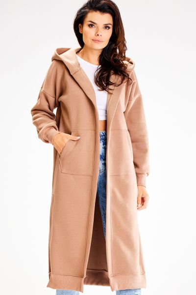 Niezapinana Długa Bluza z Kapturem - Beżowa. Brązowe bluzy Awama, l, bez wzorów, z bawełny, z kapturem. Za 228.90 zł.
