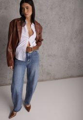 Granatowe Jeansy Barrel Leg High Waist z Bawełny Tinamist. Niebieskie jeansy Renee, l, bez wzorów, z podwyższonym stanem. Za 129.99 zł.