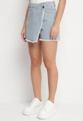 Jasnoniebieskie Jeansowe Spódnico-Spodenki Jeansowe z Bawełny z Wysokim Stanem Neliatha. Niebieskie szorty Born2be, bez wzorów, z bawełny, eleganckie, z podwyższonym stanem. Za 64.99 zł.